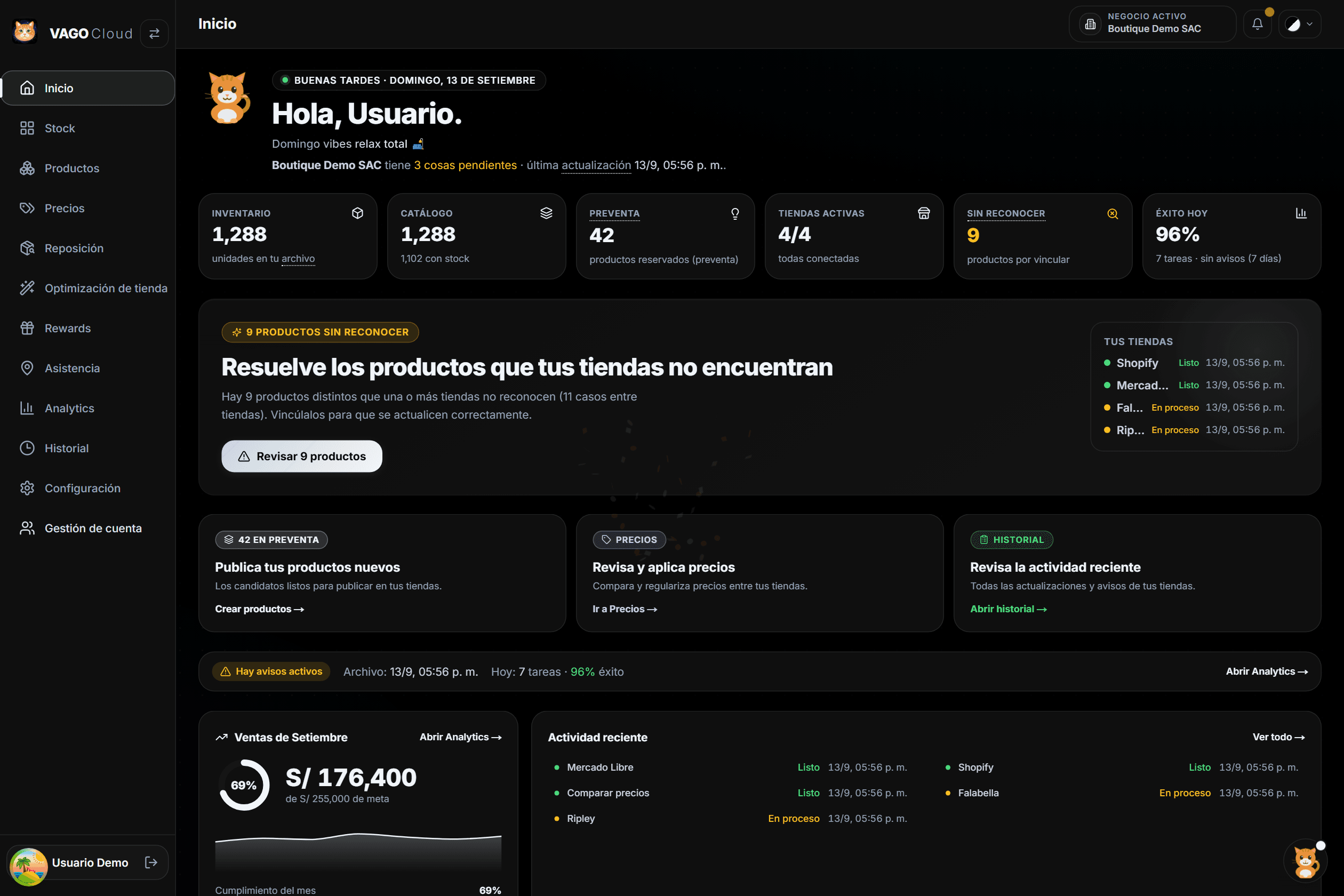 Panel de VAGO Cloud con el inventario, el estado de las cuatro tiendas conectadas y los productos pendientes de vincular.